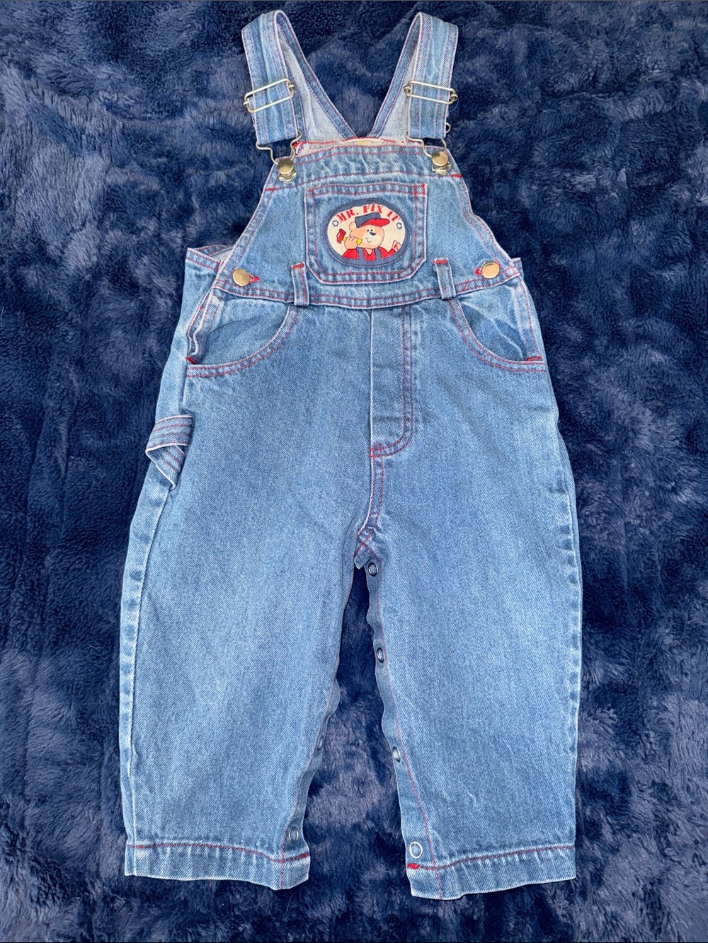 24m Vintage 1980s  huggy bean Light Blue Denim Overalls with Playful Patch GUC